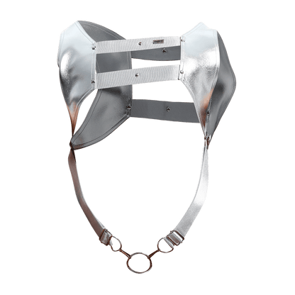 Dngeon croptop harness mirror with silver metallic sleek structured design and adjustable straps front view