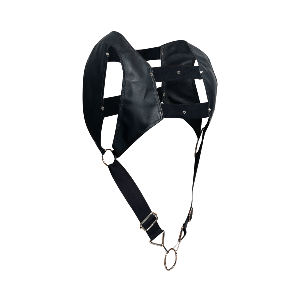 Dngeon croptop harness black leather headpiece with metal hardware and adjustable straps shown from the back side