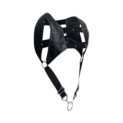 Dngeon croptop harness black leather headpiece with metal hardware and adjustable straps shown from the back side