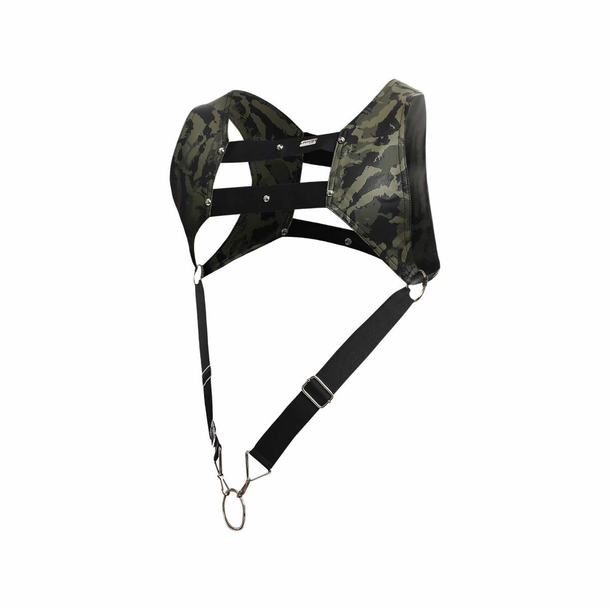Dngeon croptop harness camouflage chest harness with black straps and metal hardware for edgy fashion