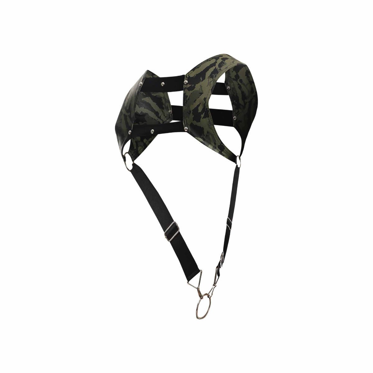 Dngeon croptop harness in black and green camouflage with adjustable straps and metal hardware for secure fit
