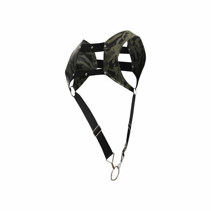 Dngeon croptop harness in black and green camouflage with adjustable straps and metal hardware for secure fit