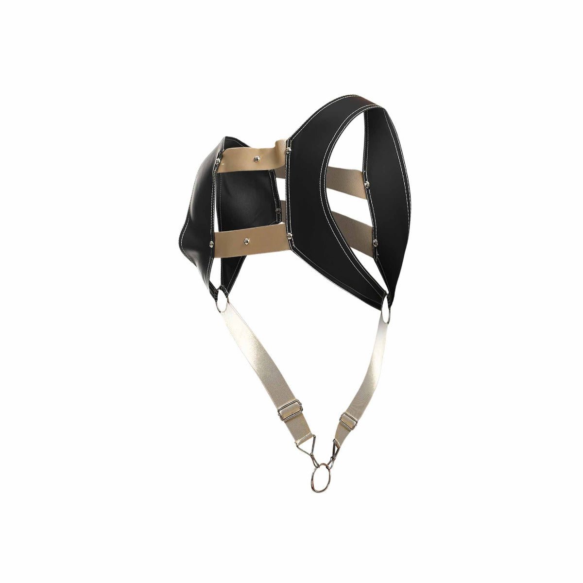 Black leather DNGEON croptop harness with tan straps and metal hardware for edgy fashion styling