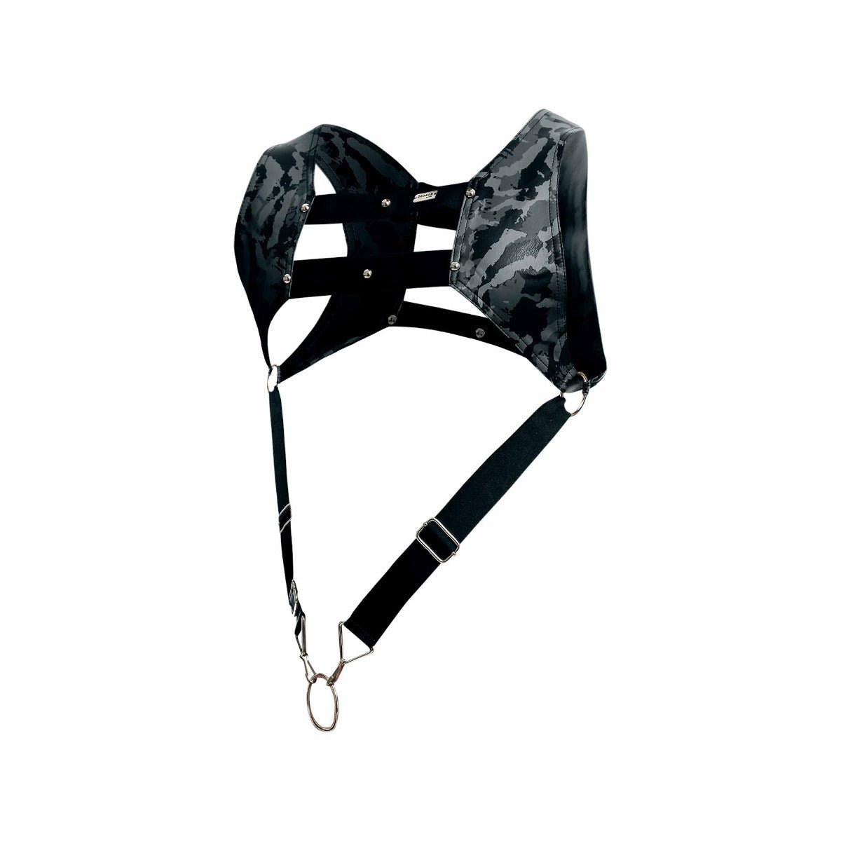 Dngeon croptop harness black and gray camouflage pattern with adjustable straps and metal hardware visible from the back