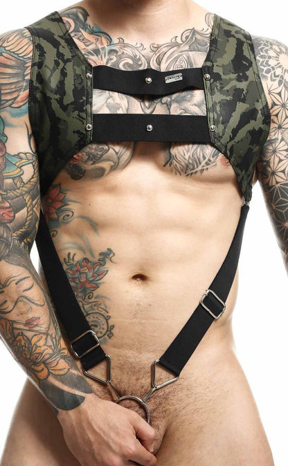 Dngeon croptop harness in camouflage pattern with black straps and silver metal hardware for edgy fashion wear