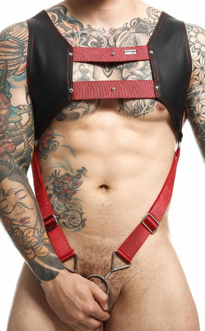 Dngeon croptop harness in red and black leather with metal clasps designed for adjustable fit and edgy style