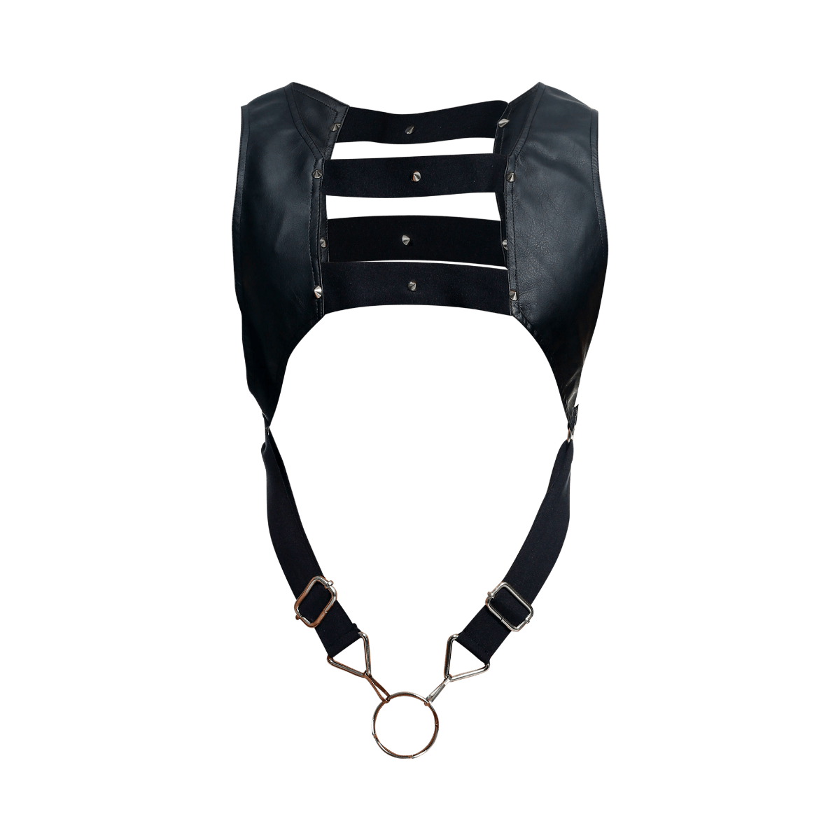 Dngeon croptop harness black leather with metallic hardware and central ring for edgy fashion layering