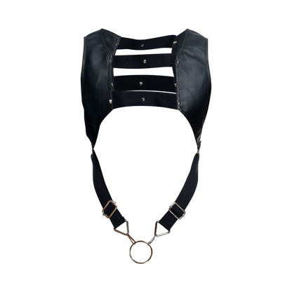 Dngeon croptop harness black leather with metallic hardware and central ring for edgy fashion layering