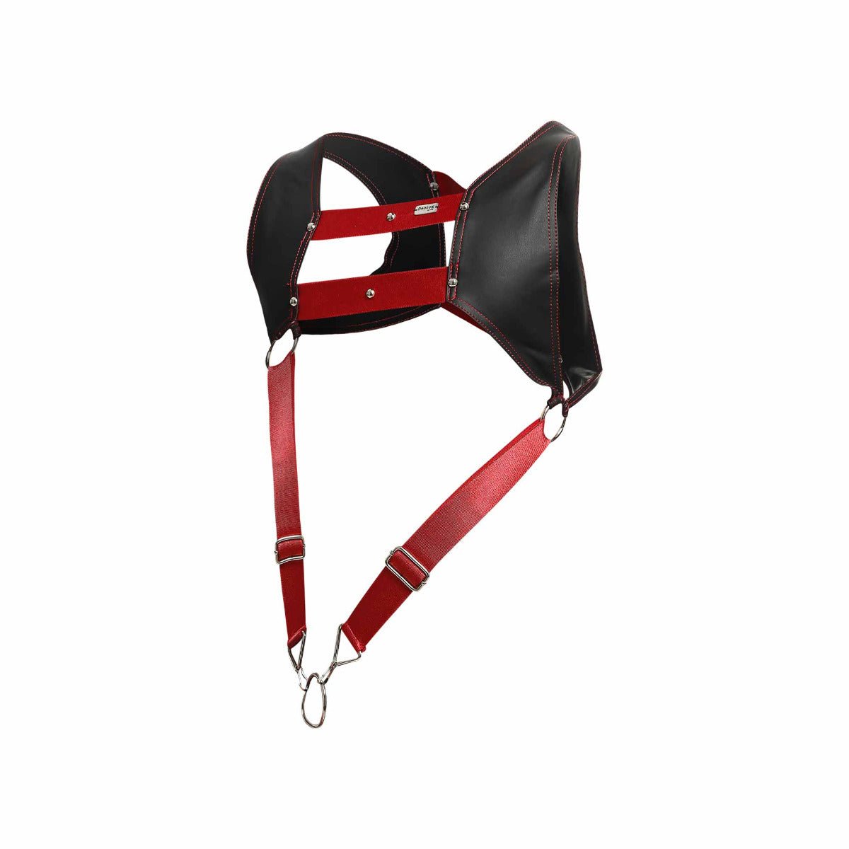Dngeon croptop harness black and red leather with silver metal hardware designed for edgy fashion looks