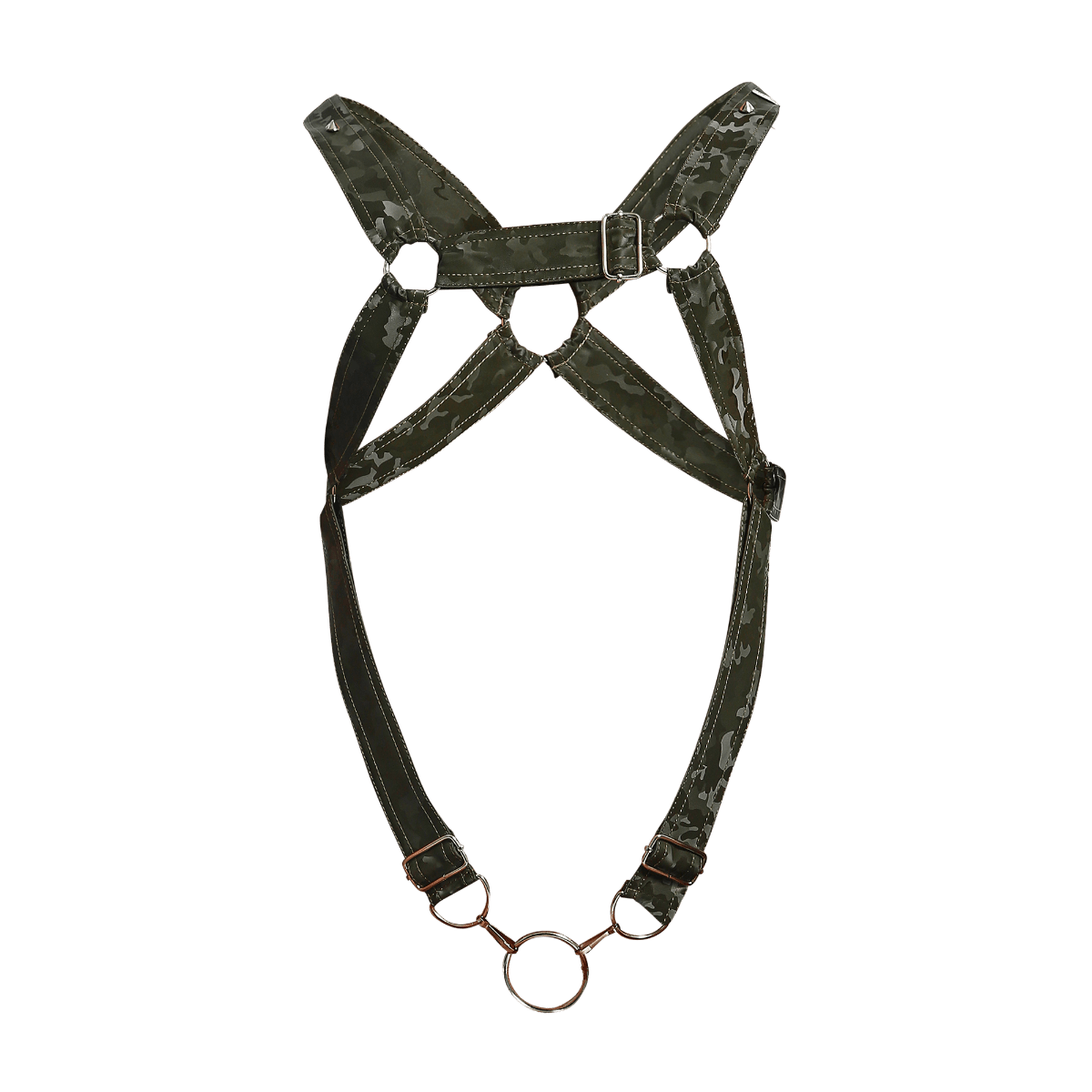 Dngeon cross c-ring harness camo dark green camouflage patterned horse harness with metallic buckles and central ring