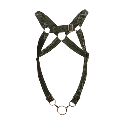 Dngeon cross c-ring harness camo dark green camouflage patterned horse harness with metallic buckles and central ring