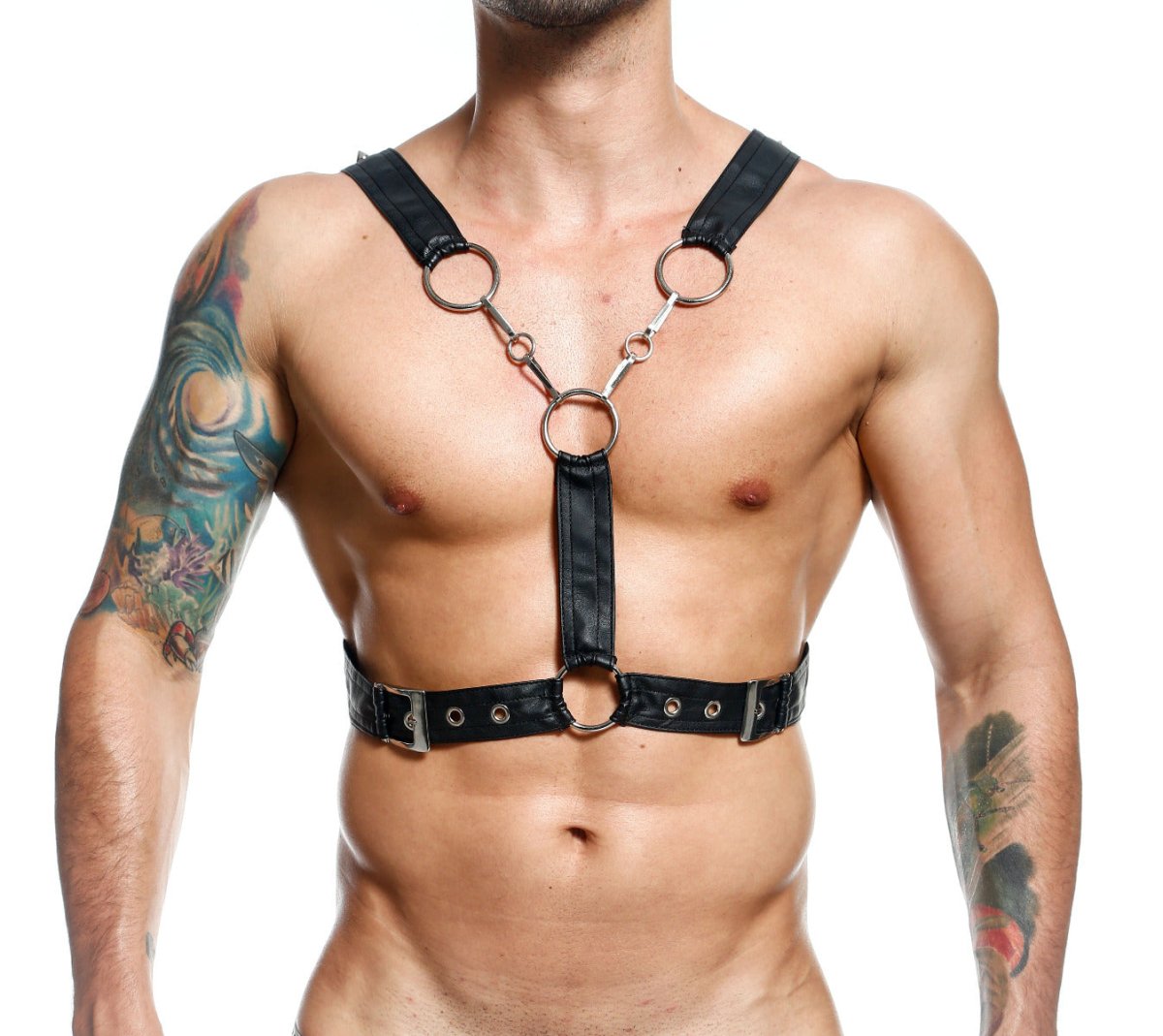 Black leather DNGEON cross chain harness with silver metal rings and buckles for adjustable fit and edgy style