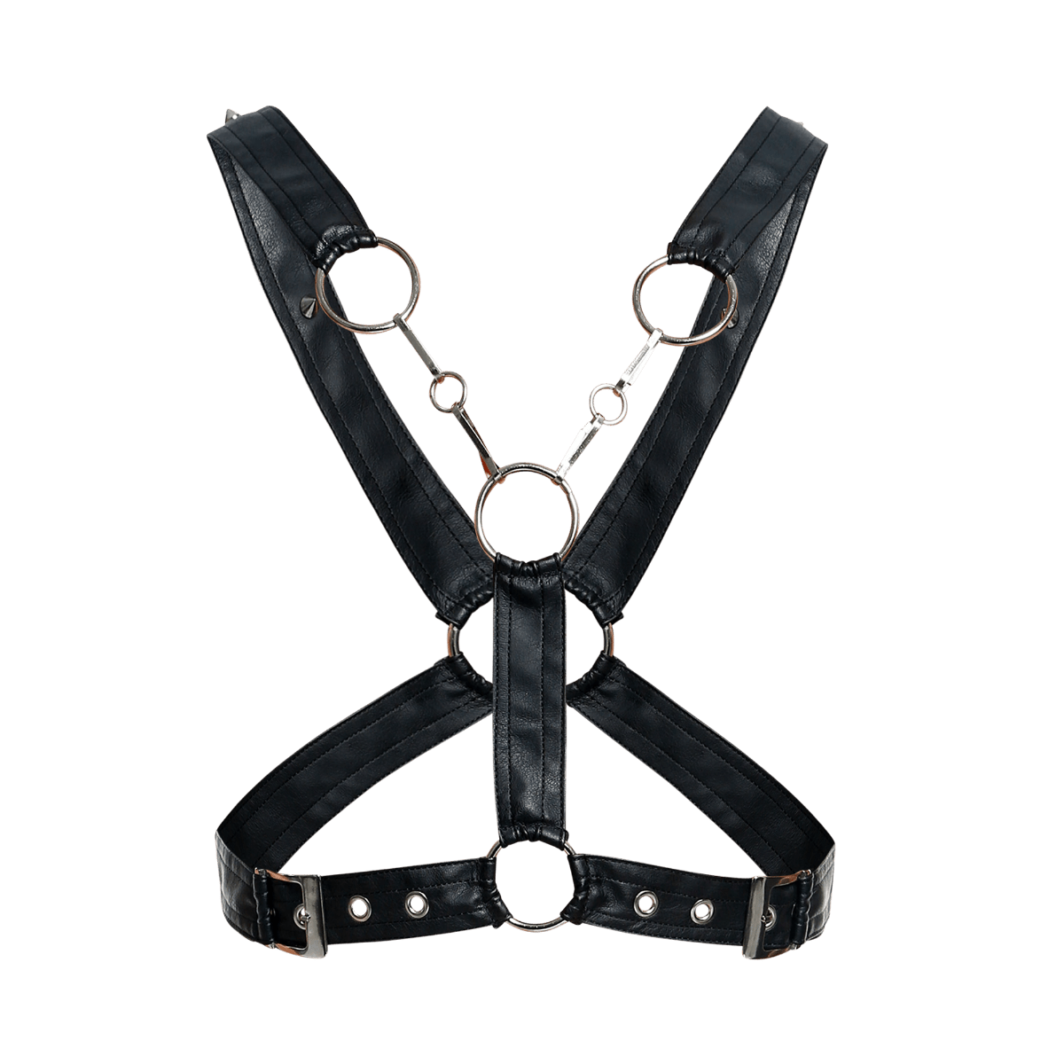 Black faux leather dngeon cross chain harness with silver-toned metal rings and buckles shown from the back side