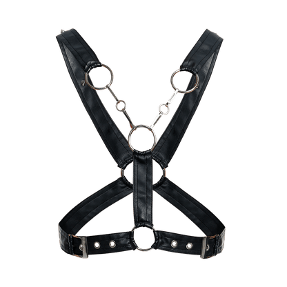 Black faux leather dngeon cross chain harness with silver-toned metal rings and buckles shown from the back side