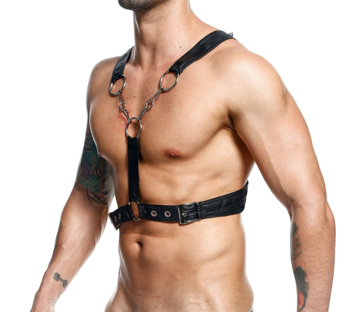 Black leather DNGEON cross chain harness featuring metal rings and a central chain for edgy style