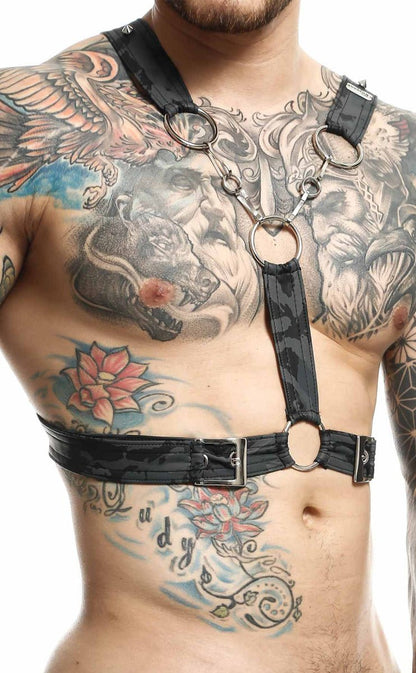 Black leather DNGEON cross chain harness with silver toned metal rings and buckles for adjustable fit