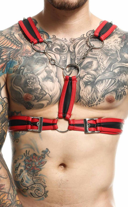 Dngeon cross chain harness in red and black leather with silver metal hardware for a bold fashion statement