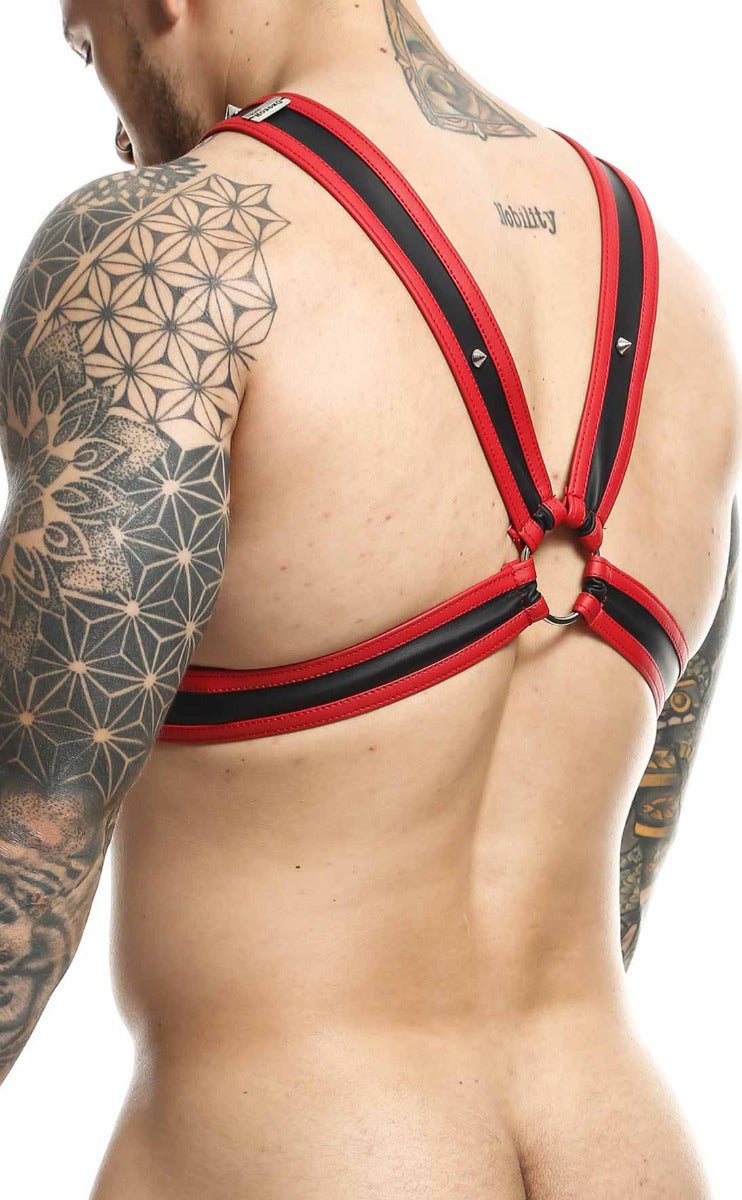 Dngeon cross chain harness in red and black leather with silver toned metal hardware and adjustable straps