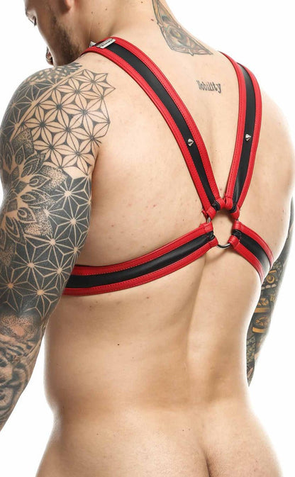 Dngeon cross chain harness in red and black leather with silver toned metal hardware and adjustable straps