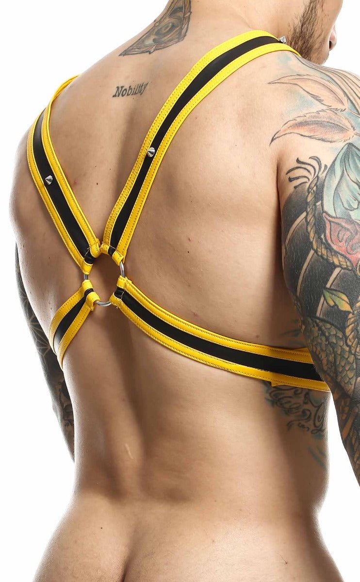 Black and yellow striped DNGEON cross chain harness with silver metal hardware for adjustable fit and style