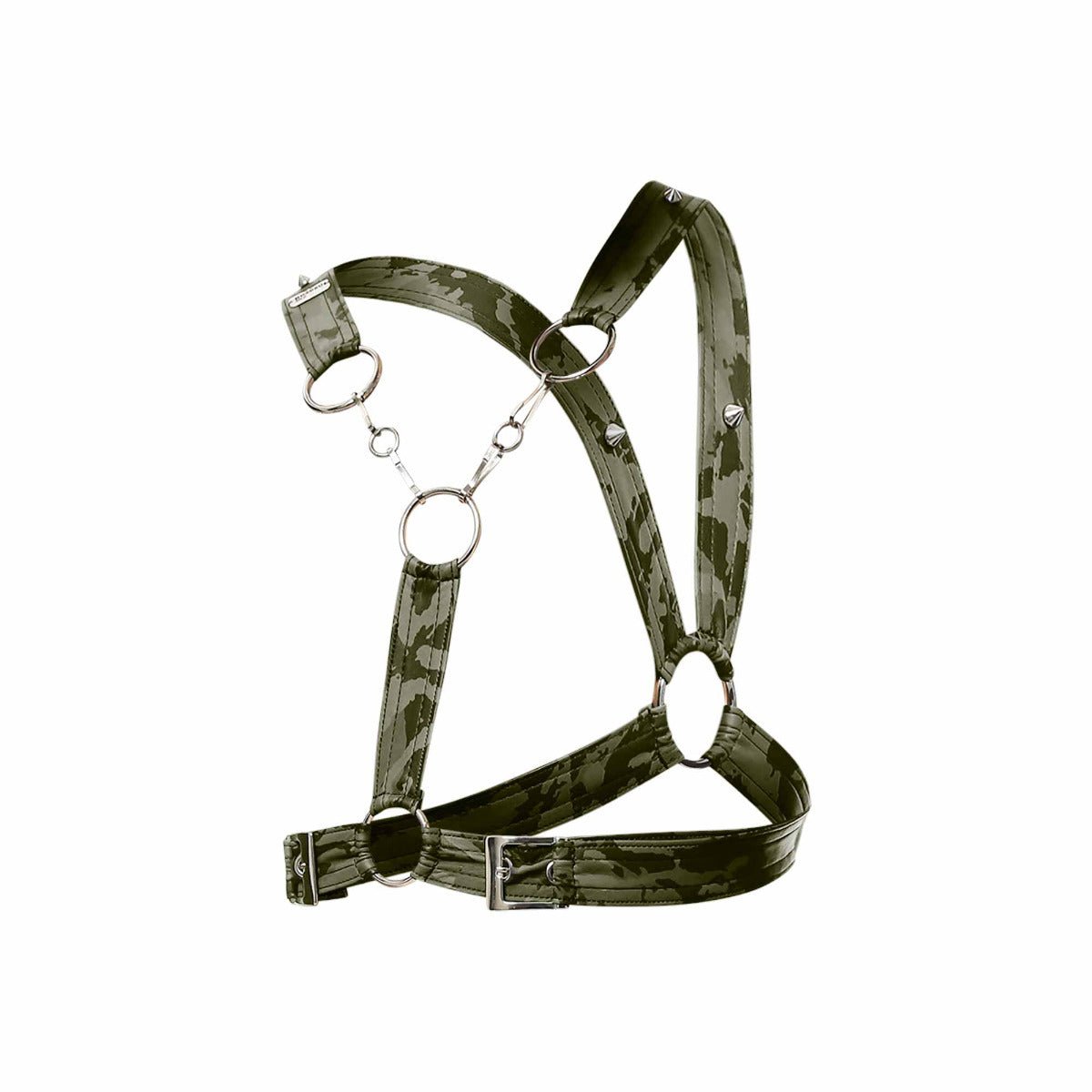 Green camouflage leather cross chain harness by dngeon with silver metal rings and studs