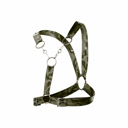 Green camouflage leather cross chain harness by dngeon with silver metal rings and studs
