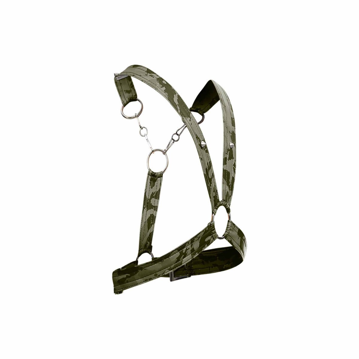 Dngeon cross chain harness green camouflage pattern with metallic rings and buckle for adjustable fit
