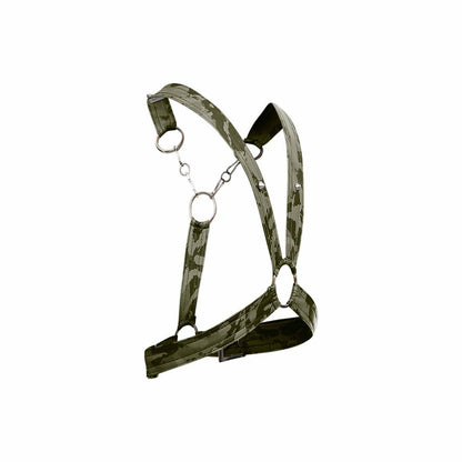 Dngeon cross chain harness green camouflage pattern with metallic rings and buckle for adjustable fit