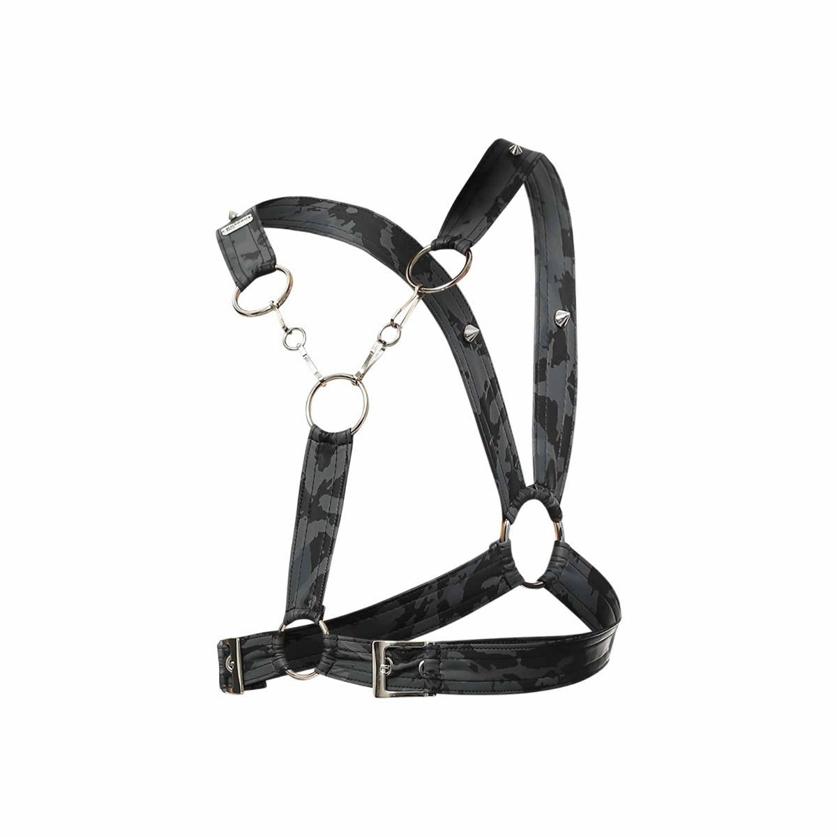 DnGeon cross chain harness in black camouflage pattern with silver metal rings and buckles for edgy fashion