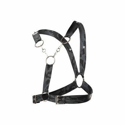 DnGeon cross chain harness in black camouflage pattern with silver metal rings and buckles for edgy fashion