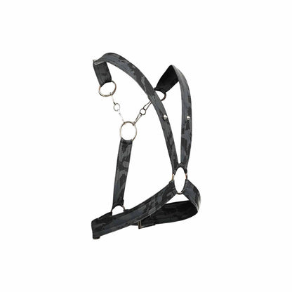 Black camouflage-patterned dngeon cross chain harness with metallic rings and adjustable straps for secure fit