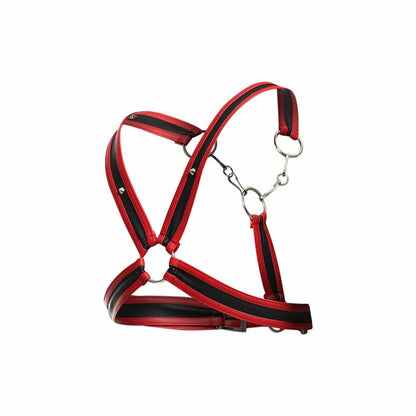 Red and black leather horse halter with silver metal rings and hardware from dnGeON cross chain harness collection