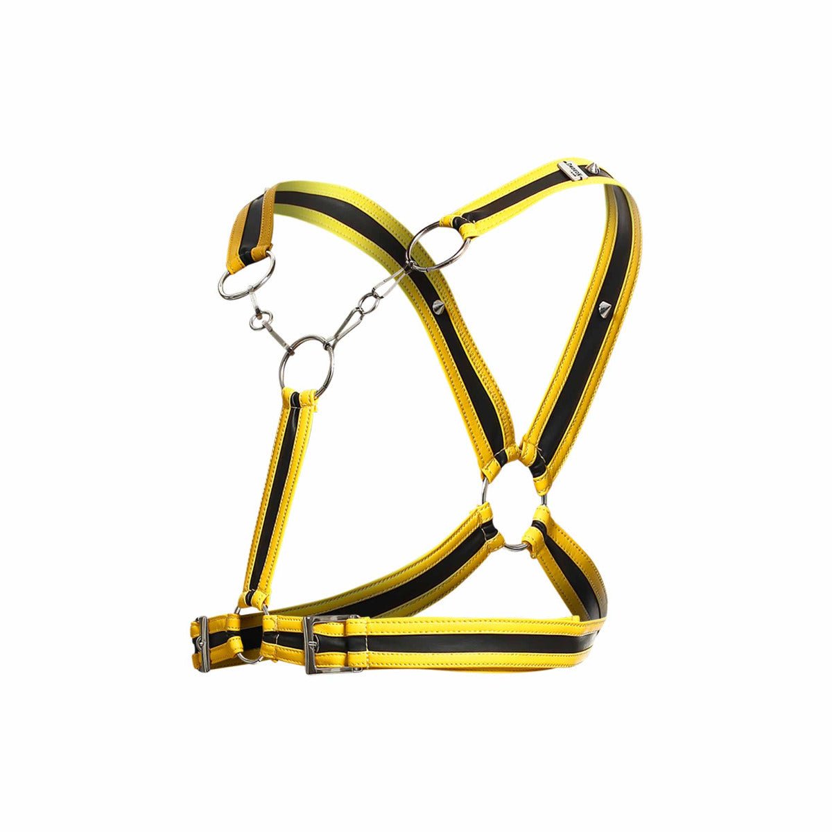 Yellow and black striped leather horse halter with silver metal rings and buckle from DNGEON Cross Chain Harness