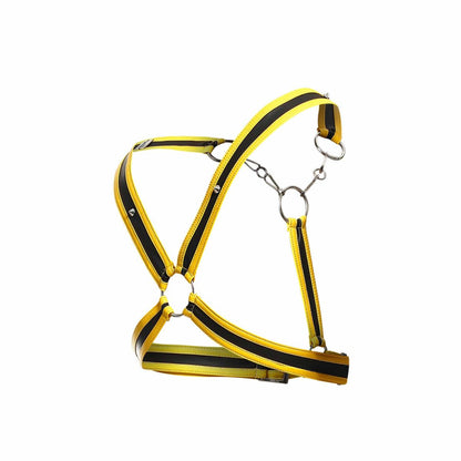 Dngeon cross chain harness bright yellow and black reflective horse halter with silver metal rings for safety