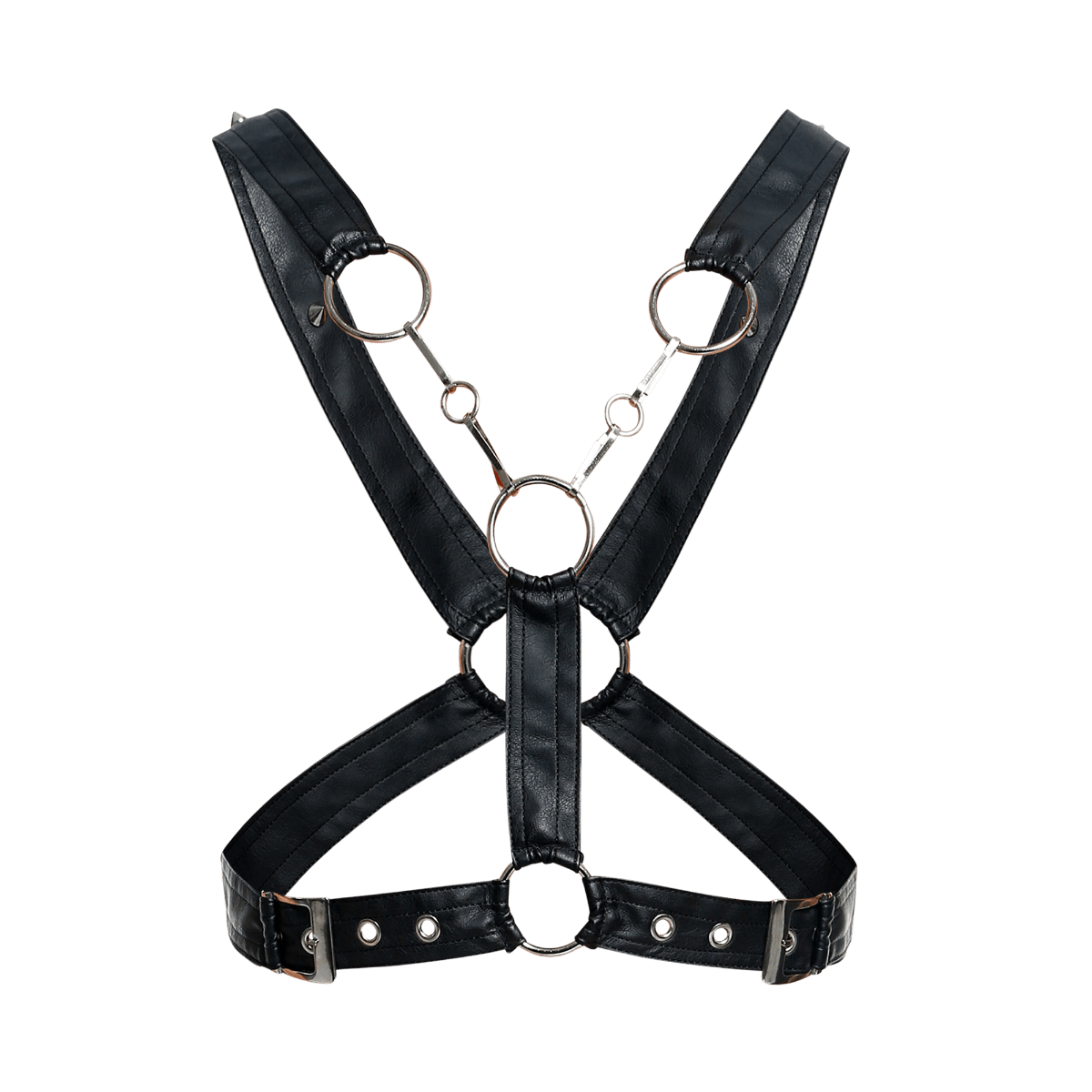 Black faux leather dngeon cross chain harness with silver metal rings and buckles front view