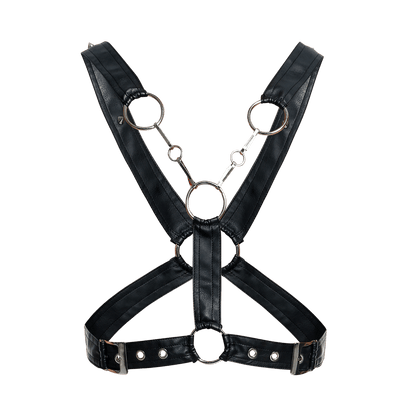 Black faux leather dngeon cross chain harness with silver metal rings and buckles front view