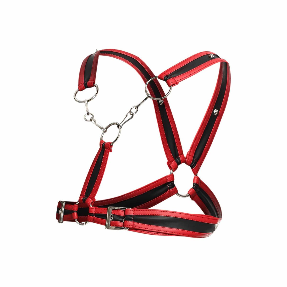 Red and black leather horse halter with silver metal hardware for dngeon cross chain harness use