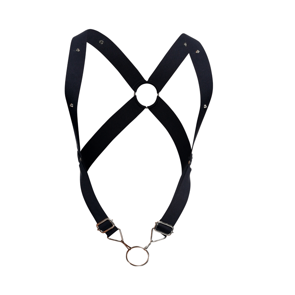 Black leather DNGEON crossback harness with silver toned metal hardware and studs designed for edgy fashion