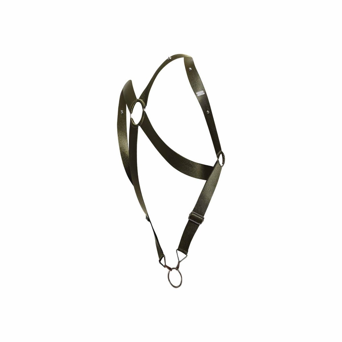 Black leather dngeon crossback harness with metal rings and adjustable straps shown from the back side