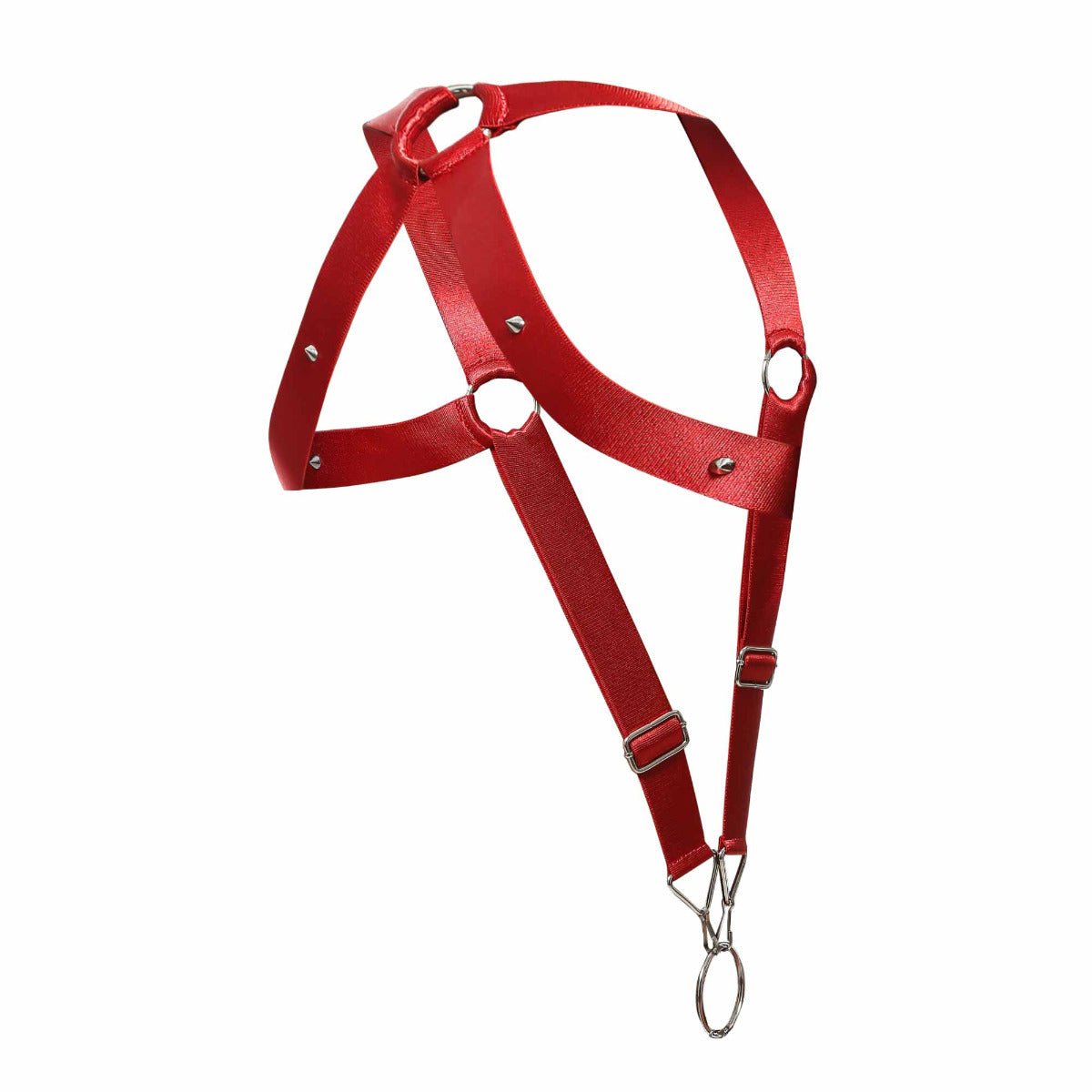 Dngeon crossback harness in red satin with silver-toned metal hardware and adjustable straps shown from the back