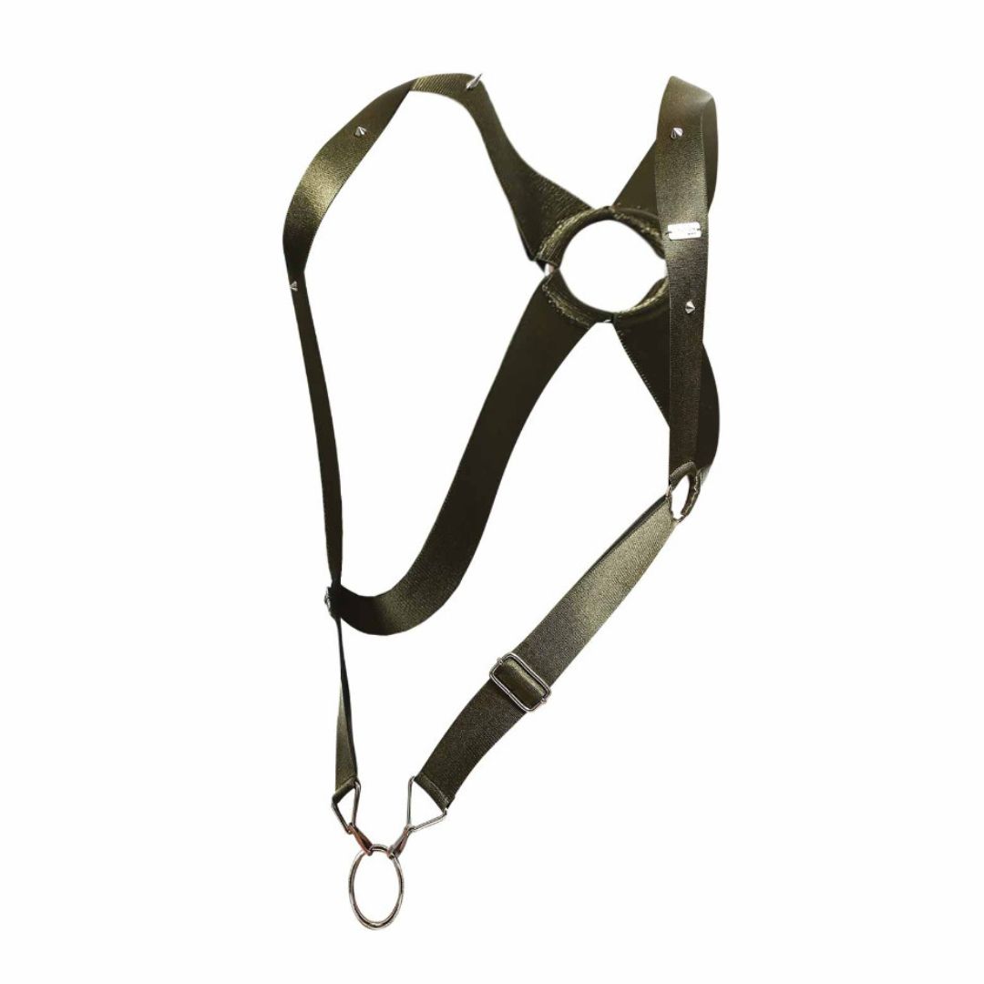 Dark olive green leather dngeon crossback harness with metal hardware and adjustable straps shown from the back side