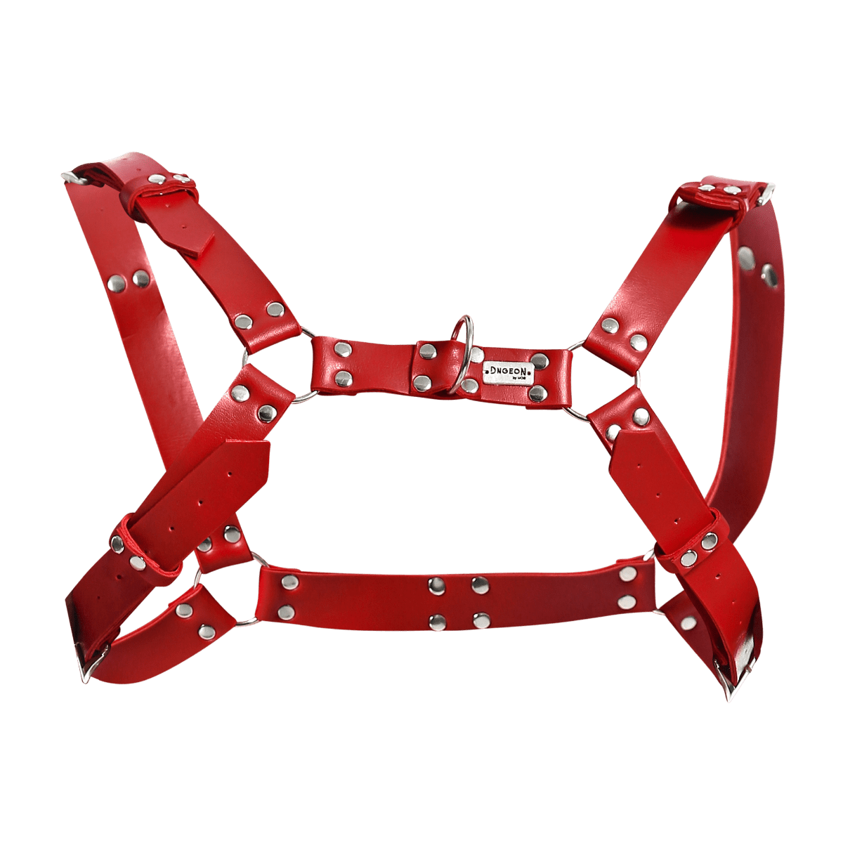 Dngeon harness belt in red leather with silver toned metal hardware and a small brand tag
