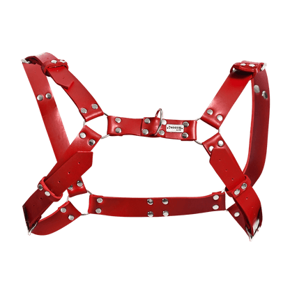 Dngeon harness belt in red leather with silver toned metal hardware and a small brand tag