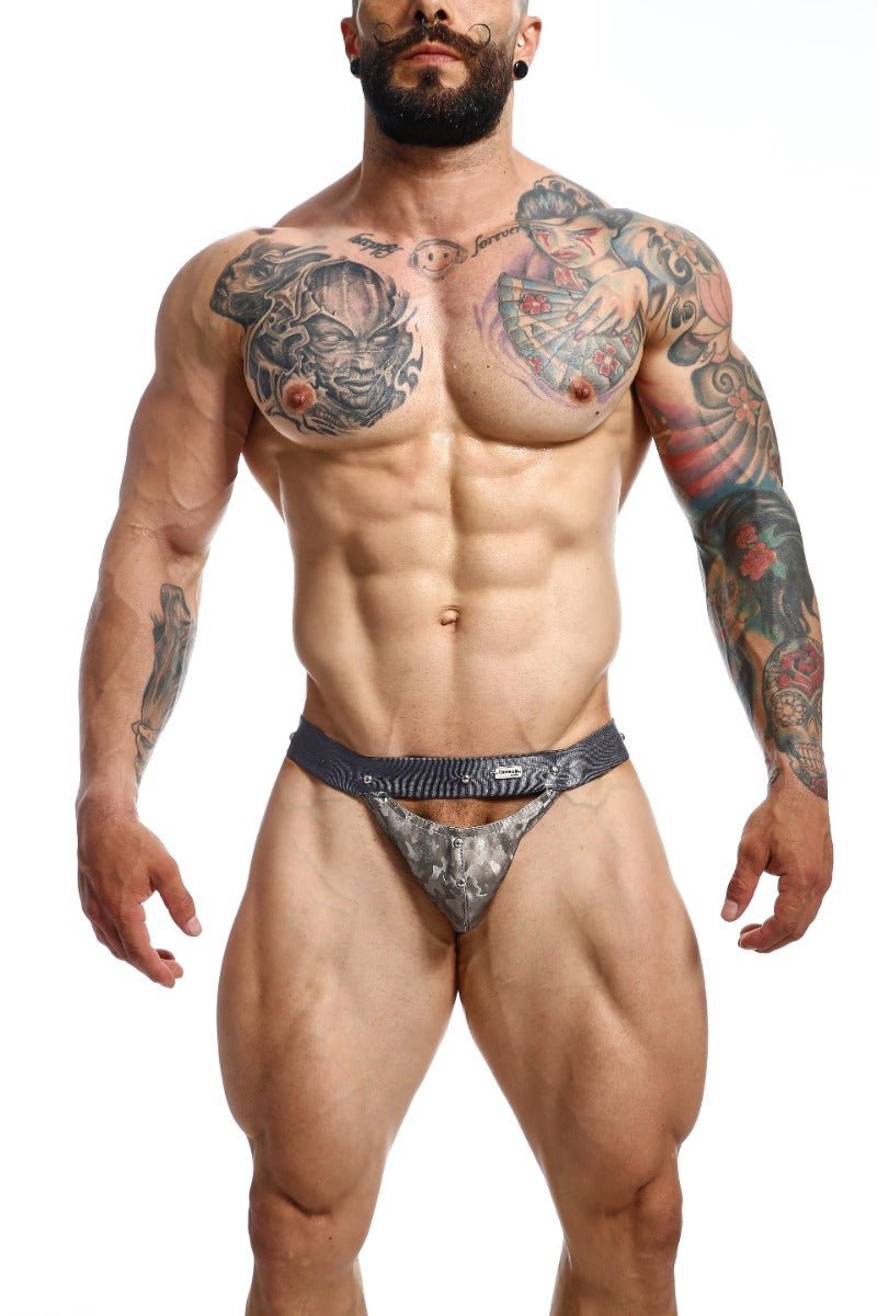 DNGEON Peekaboo jockstrap camo in gray and black patterned synthetic fabric with textured design