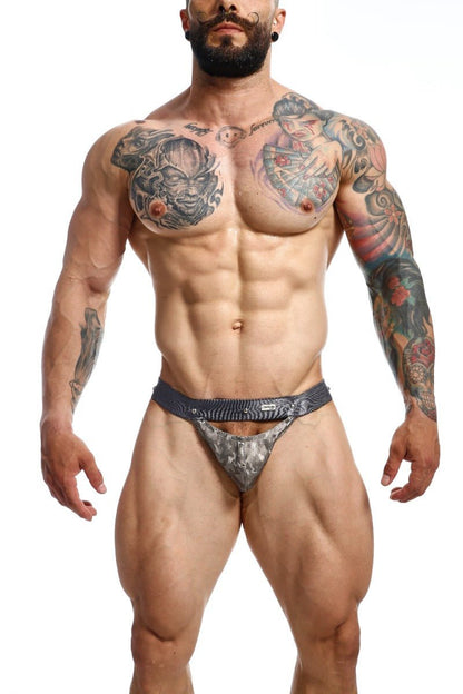 DNGEON Peekaboo jockstrap camo in gray and black patterned synthetic fabric with textured design