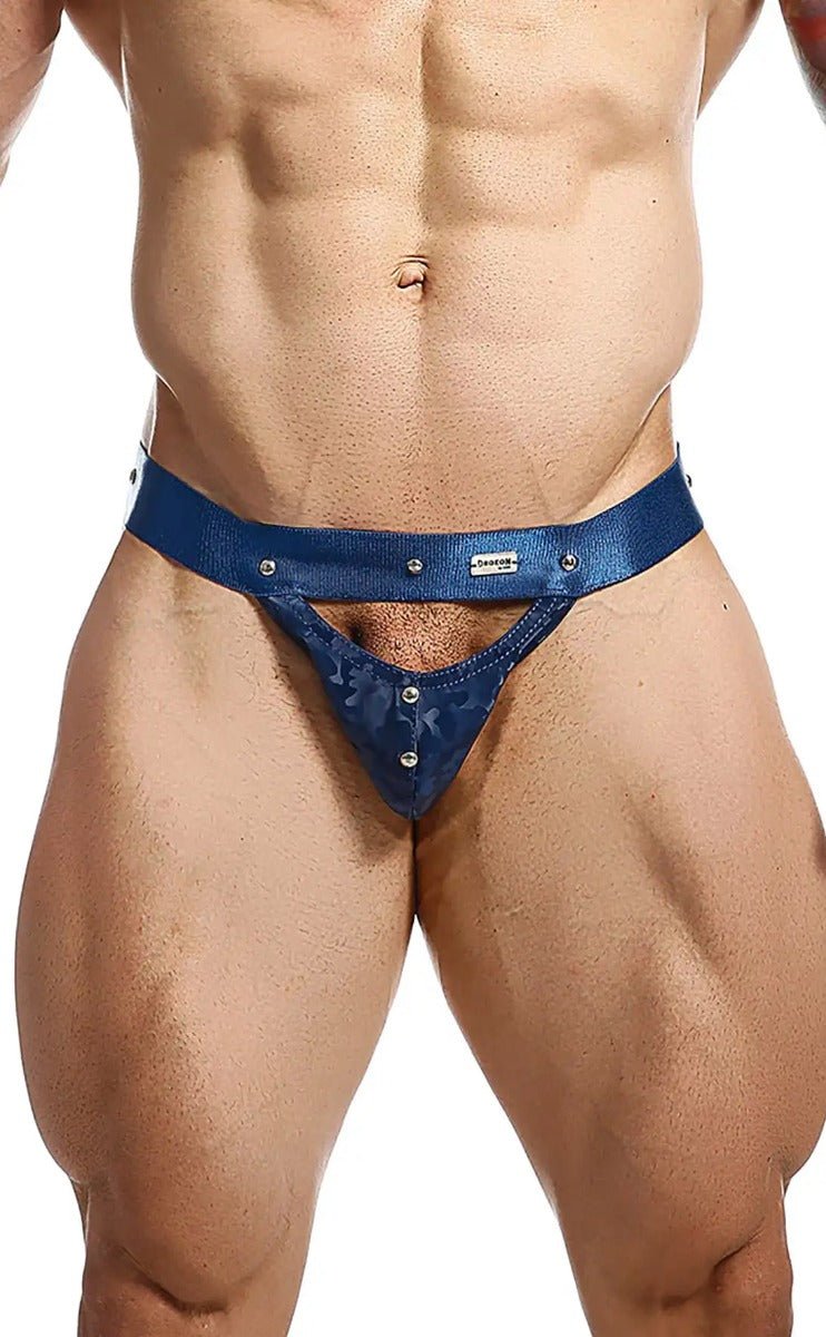 Dngeon peekaboo jockstrap camo blue satin thong with silver metal studs along waistband and leg openings