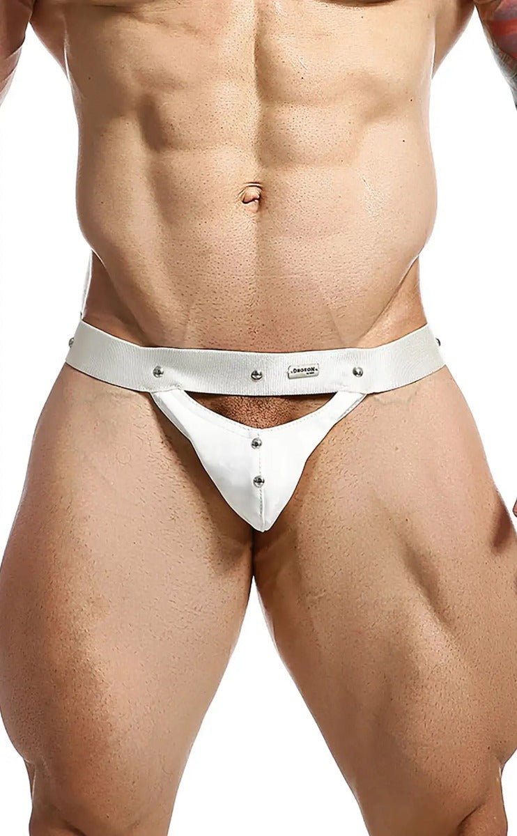 White leather thong with silver studs and branded waistband from dngeon peekaboo jockstrap camo collection