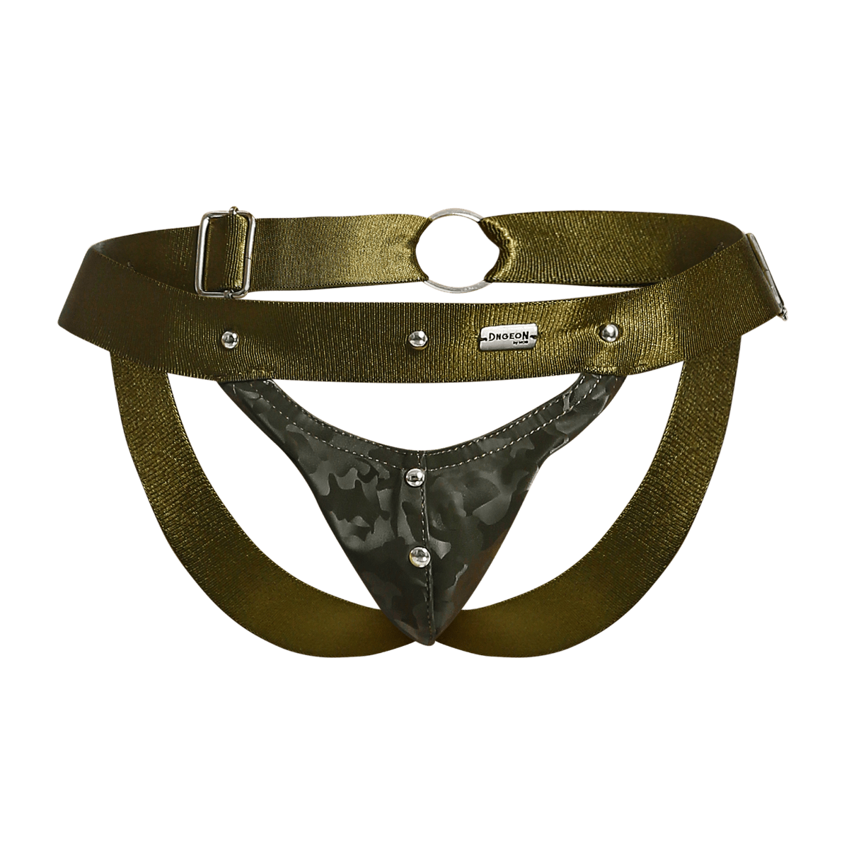 Olive green dngeon peekaboo jockstrap camo with camouflage front panel and silver metal hardware harness-style brief
