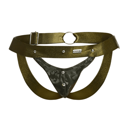 Olive green dngeon peekaboo jockstrap camo with camouflage front panel and silver metal hardware harness-style brief