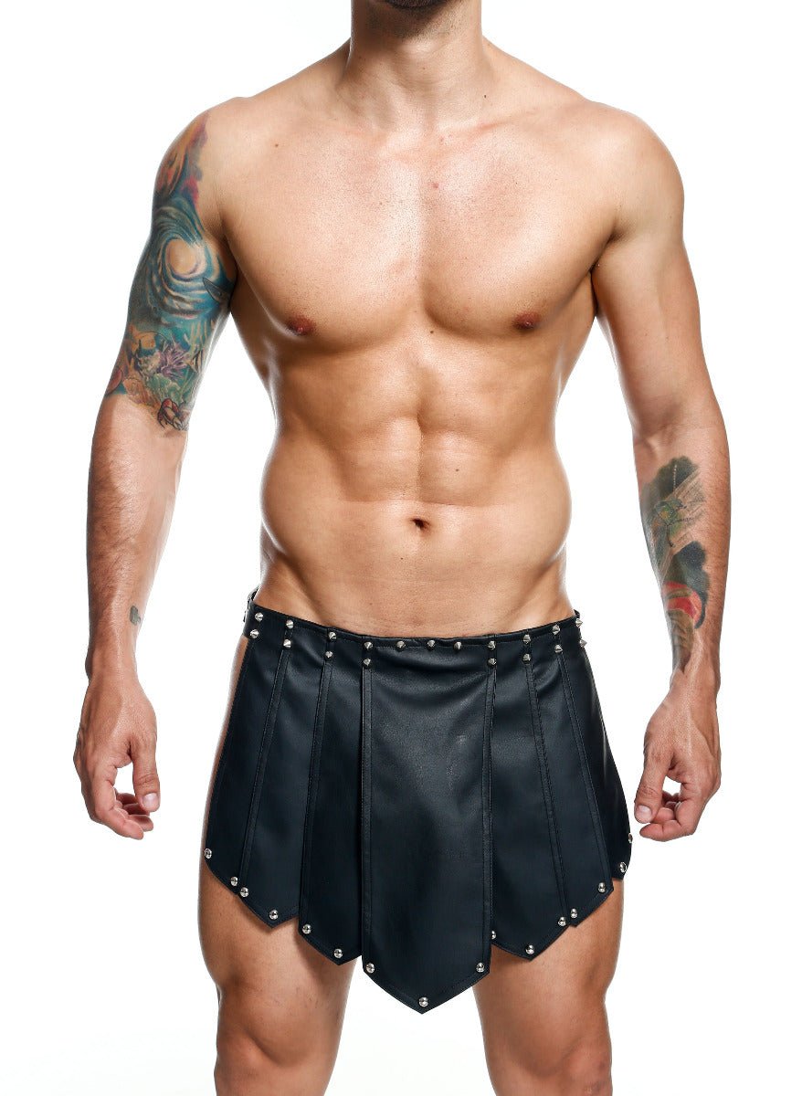 Black faux leather DNGEON Roman skirt with silver studs along the hem and sides in new colors